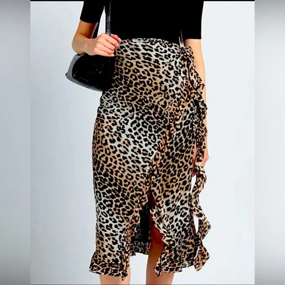 Ganni Leopard Ruffle Wrap Skirt - Picture 1 of 9